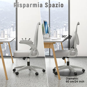 Sedia Ufficio Bracciolo Regolabile - RATTANTREE - con Supporto Lombare, Schienale Reclinabile 105°, Grigio