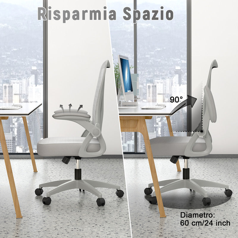 Sedia Ufficio Bracciolo Regolabile - RATTANTREE - con Supporto Lombare, Schienale Reclinabile 105°, Grigio