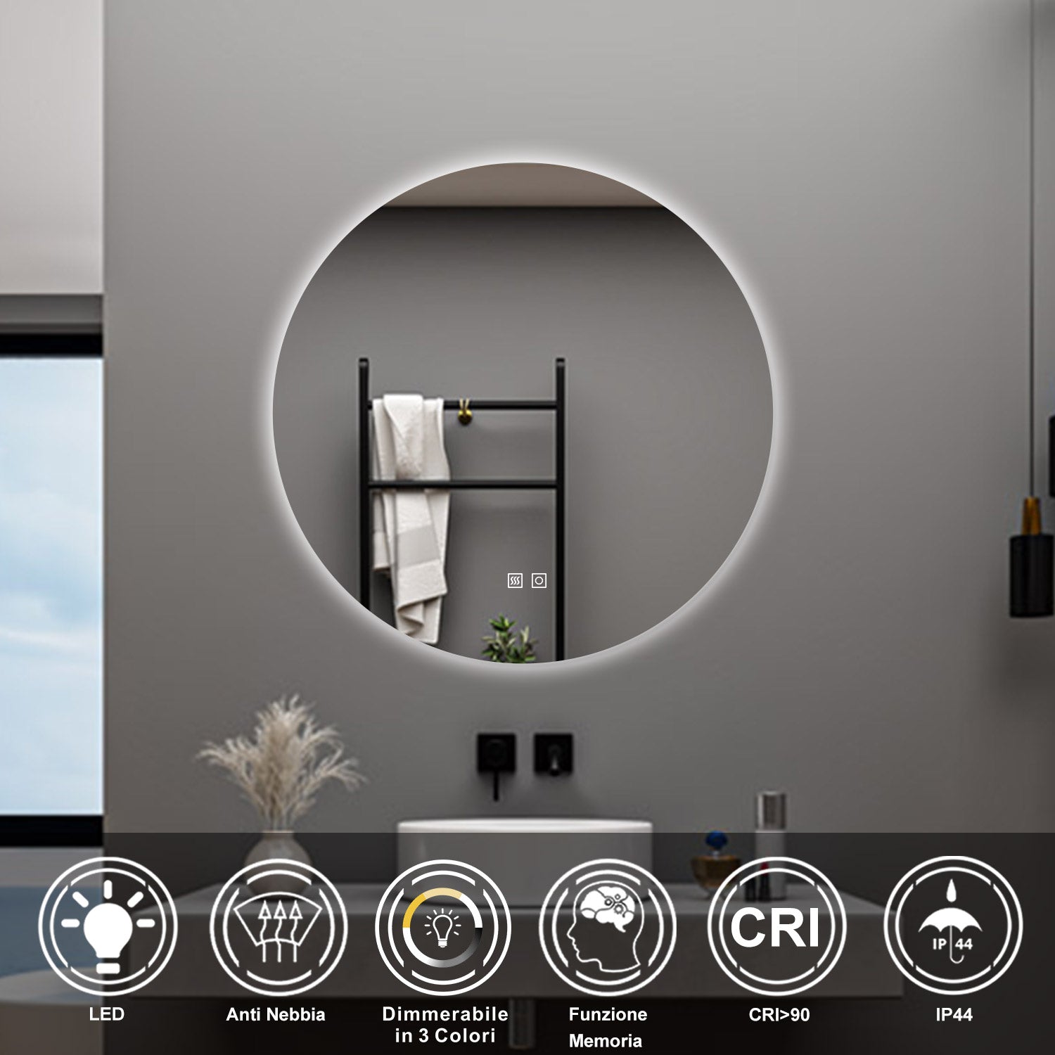 AICA Specchio da bagno 60 x 60 cm, 3 colori, antiappannamento, dimmerabile, interruttore touch, Funzione Memoria