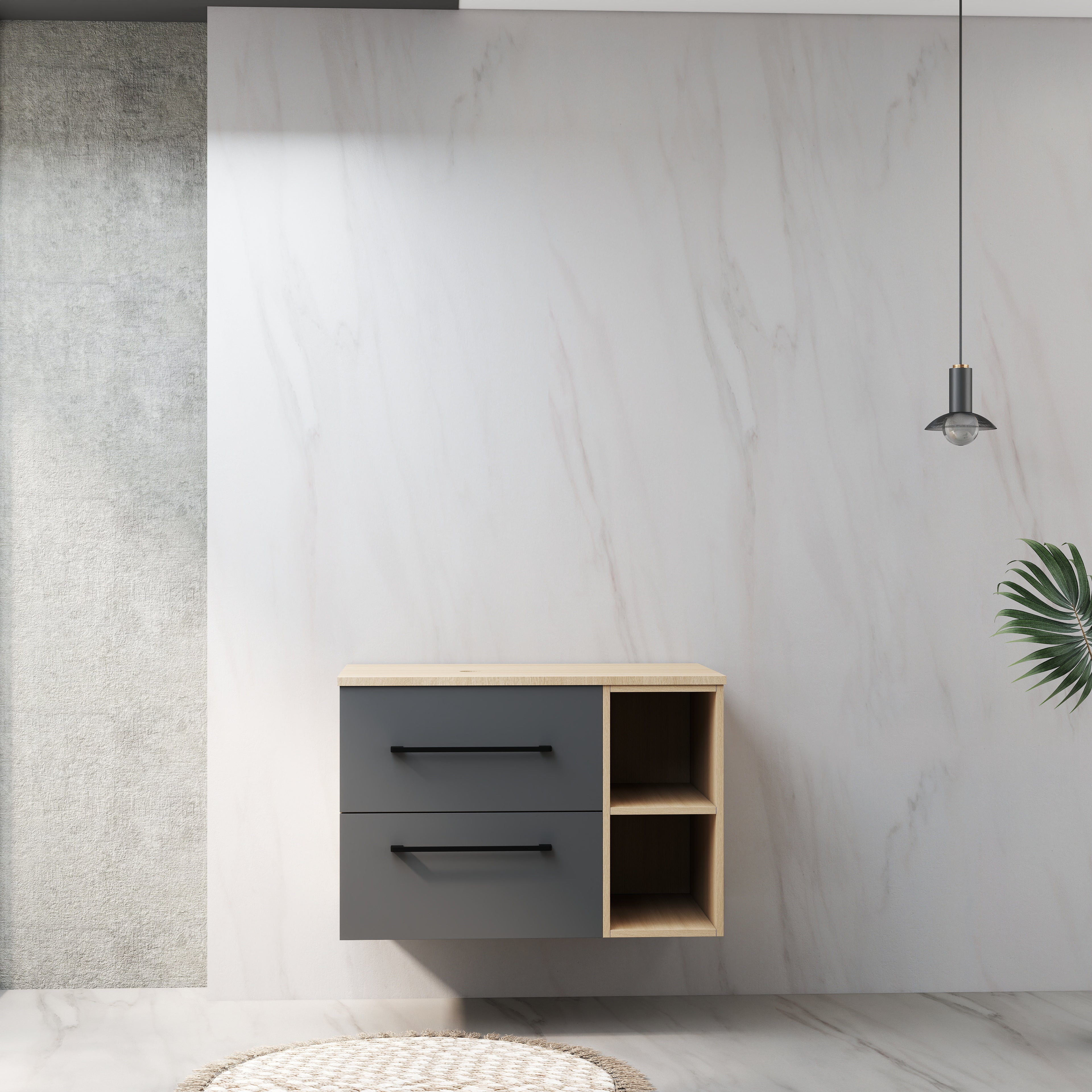 Mobile bagno a due cassetti 79cm senza lavabo, sospeso, finitura rovere, con ripiani aperti