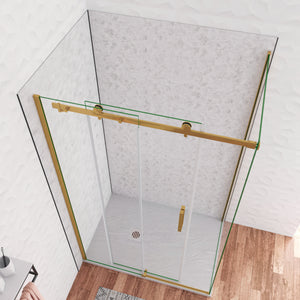 Box Doccia Angolare 140X70 cm H.195 cm Porta Scorrevole con Parete Fissa Vetro 8 mm Temperato Anticalcare Trasparente Telaio Cromo Dorato