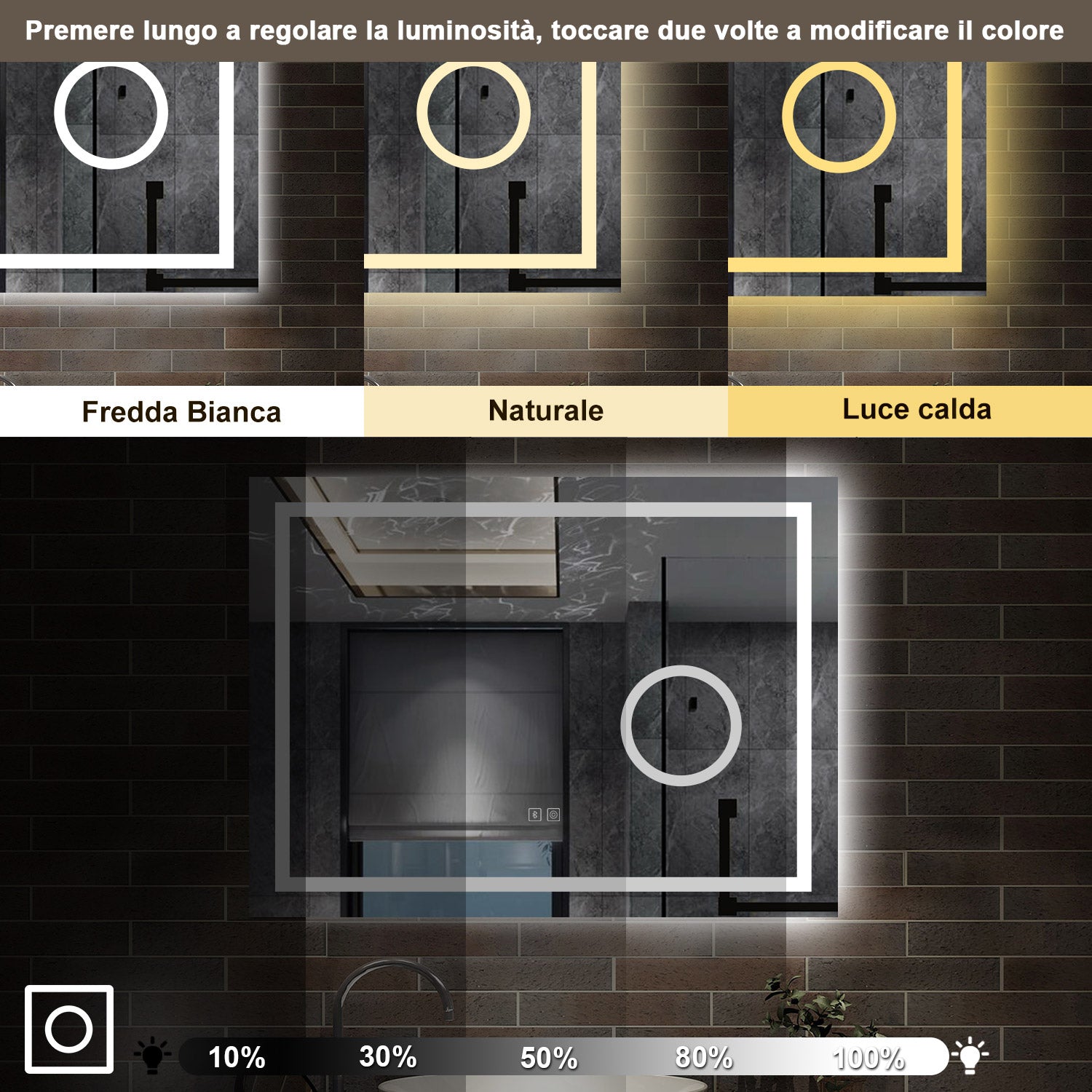 80 x 60 cm,AICA Specchio da Bagno LED con Luce, 3 Colori Regolabili,Blue tooth, Ingrandimento,memoria, antiappannamento,CRI>90,autospegnimento