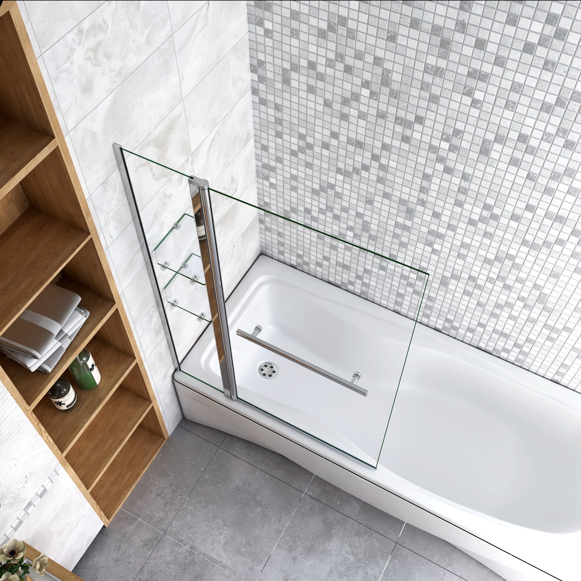 120x140 cm Parete Doccia Per Vasca Girevole 240° Vetro Temperato 6 mm Trasparente Inclusi Due Ripiani Maniglia Portasciugamani Telaio Cromo Lucido