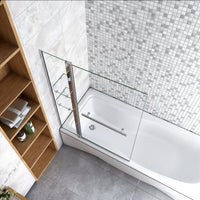 120x140 cm Parete Doccia Per Vasca Girevole 240° Vetro Temperato 6 mm Trasparente Inclusi Due Ripiani Maniglia Portasciugamani Telaio Cromo Lucido