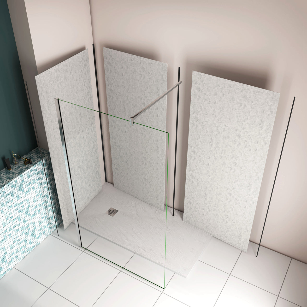 H.210 cm Pannello Doccia ad Angolo 80x90x90 cm Realizzato in Alluminio da 3 mm con Profili Finitura Grigio Cemento per Rivestimento Parete Bagno