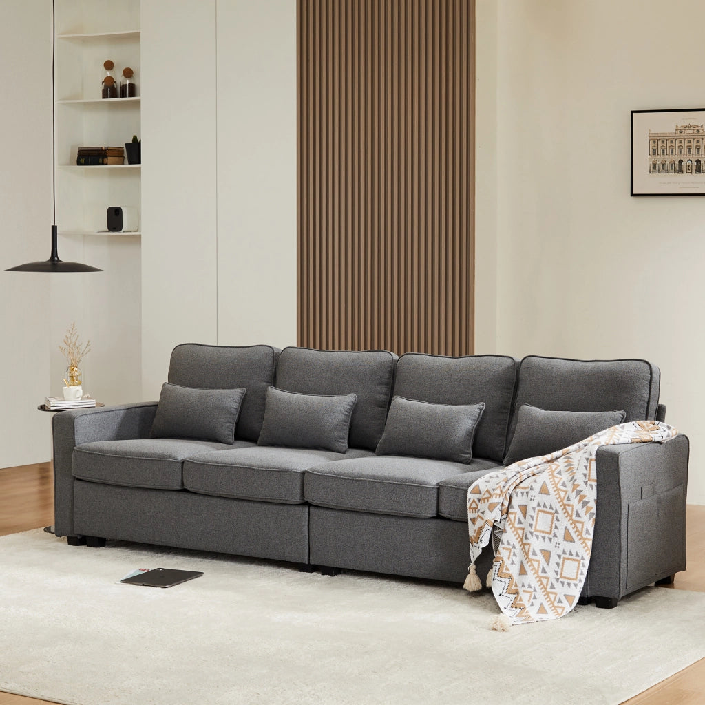 Divano 4 Posti con Tasche sui Braccioli; 4 Cuscini Lombari e Schienale Alto in Tessuto di Lino Grigio Scuro 264 × 83 × 87 cm