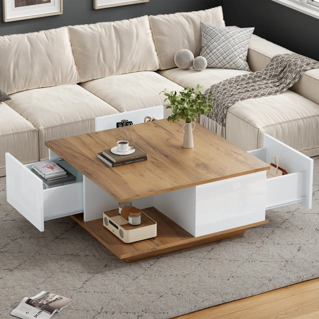 Tavolino da Salotto Quadrato con 3 Cassetti e 1 Vano Semiaperto; Finitura Lucida; per Soggiorno; in Legno; Bianco e Noce
