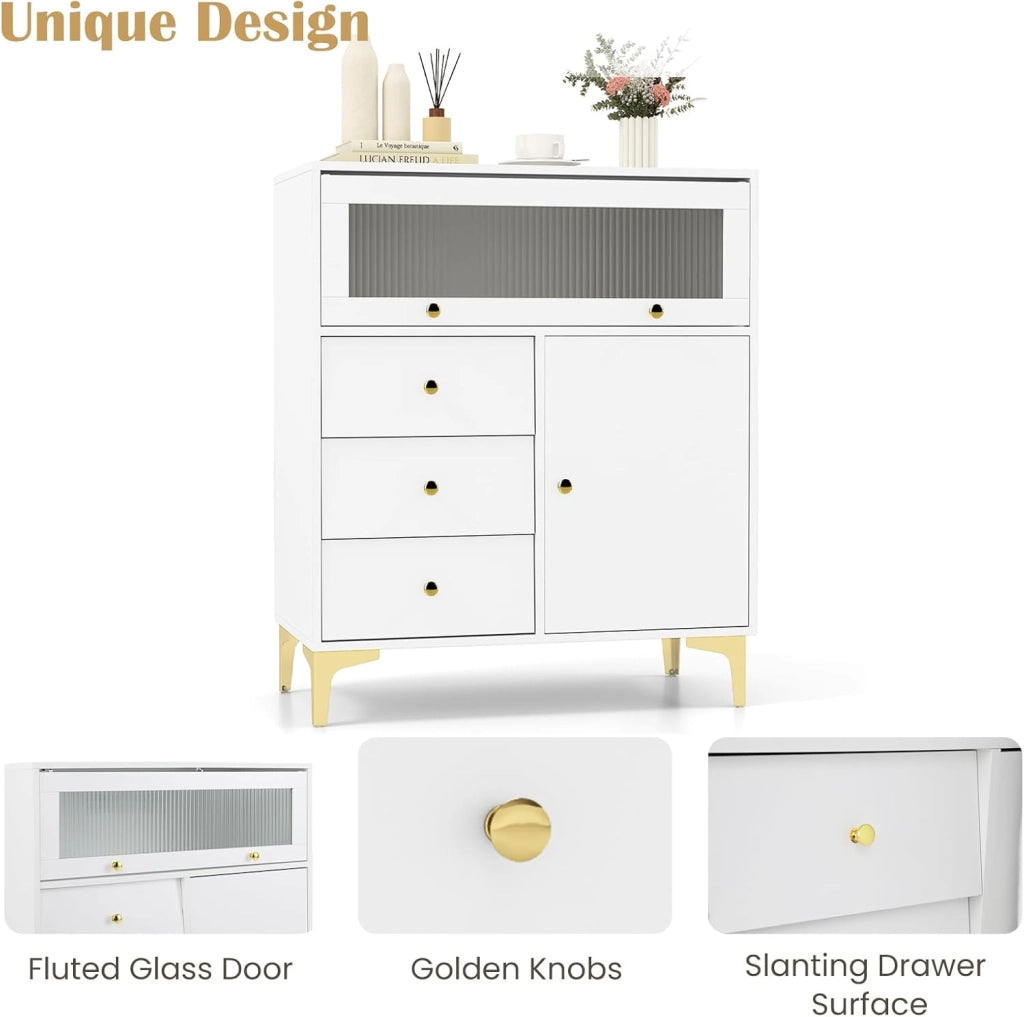 Cassettiera con cassetti e porta in vetro, armadietto a buffet, con piedini in metallo, credenza 80 x 40 x 95,5 cm, bianco, multiuso, in legno, per soggiorno, corridoio