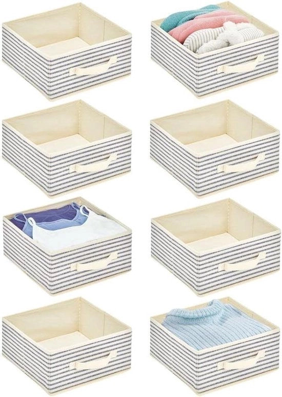 Set di archiviazione a struttura quadrata con apertura superiore per tessuti, abbigliamento, accessori, giocattoli e caravan, naturale con strisce cobalto.
