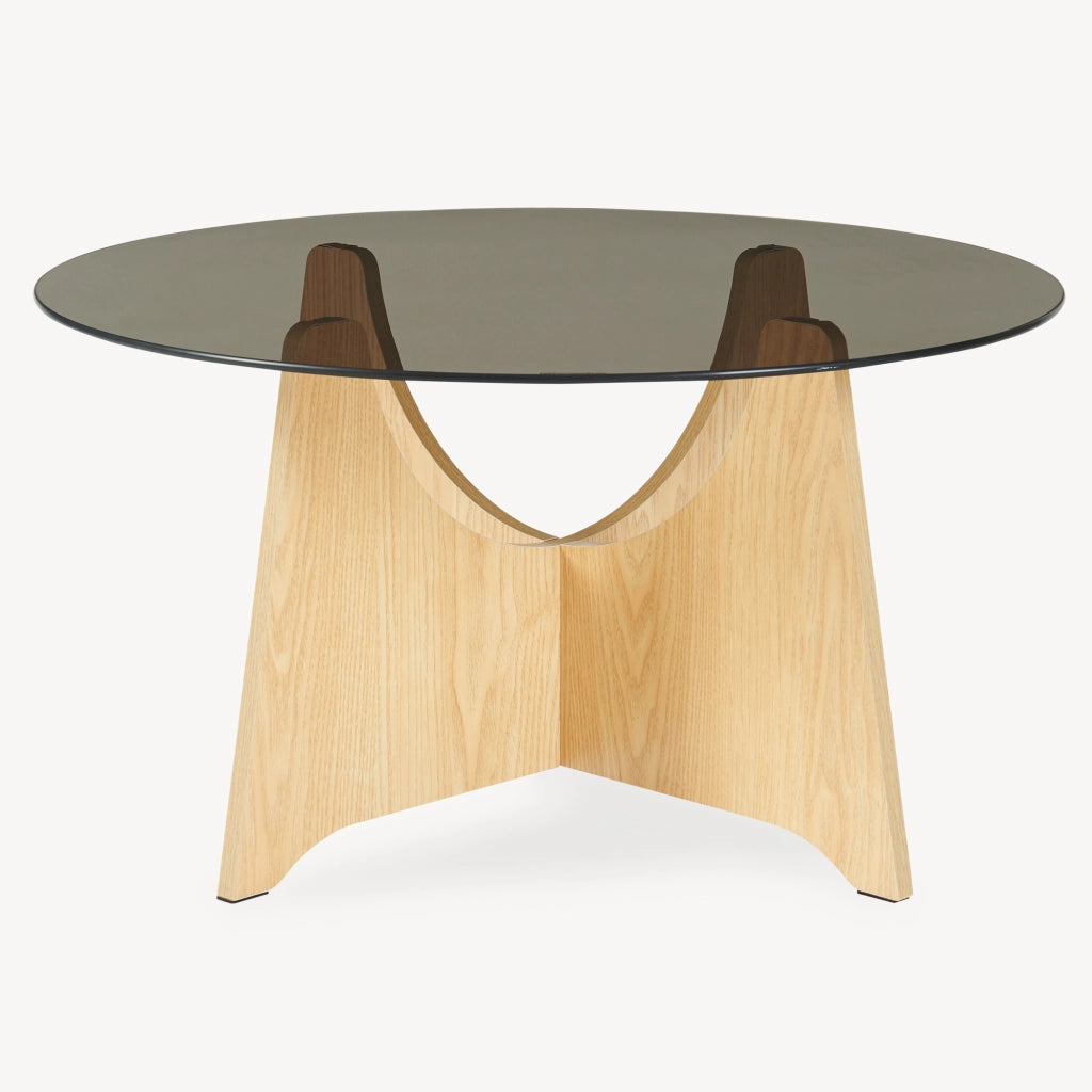 Tavolino da Salotto Omlar con Piano Rotondo in Vetro Fumé Ø70 x 35 cm - Effetto Rovere/Grigio Fumo [en.casa]