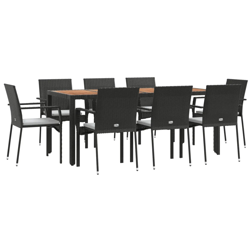 Set da Pranzo da Giardino 9 pz con Cuscini Nero in Polyrattan 3184992