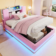 Letto imbottito per bambini 90x200 cm con LED; USB e contenitore idraulico; velluto rosa