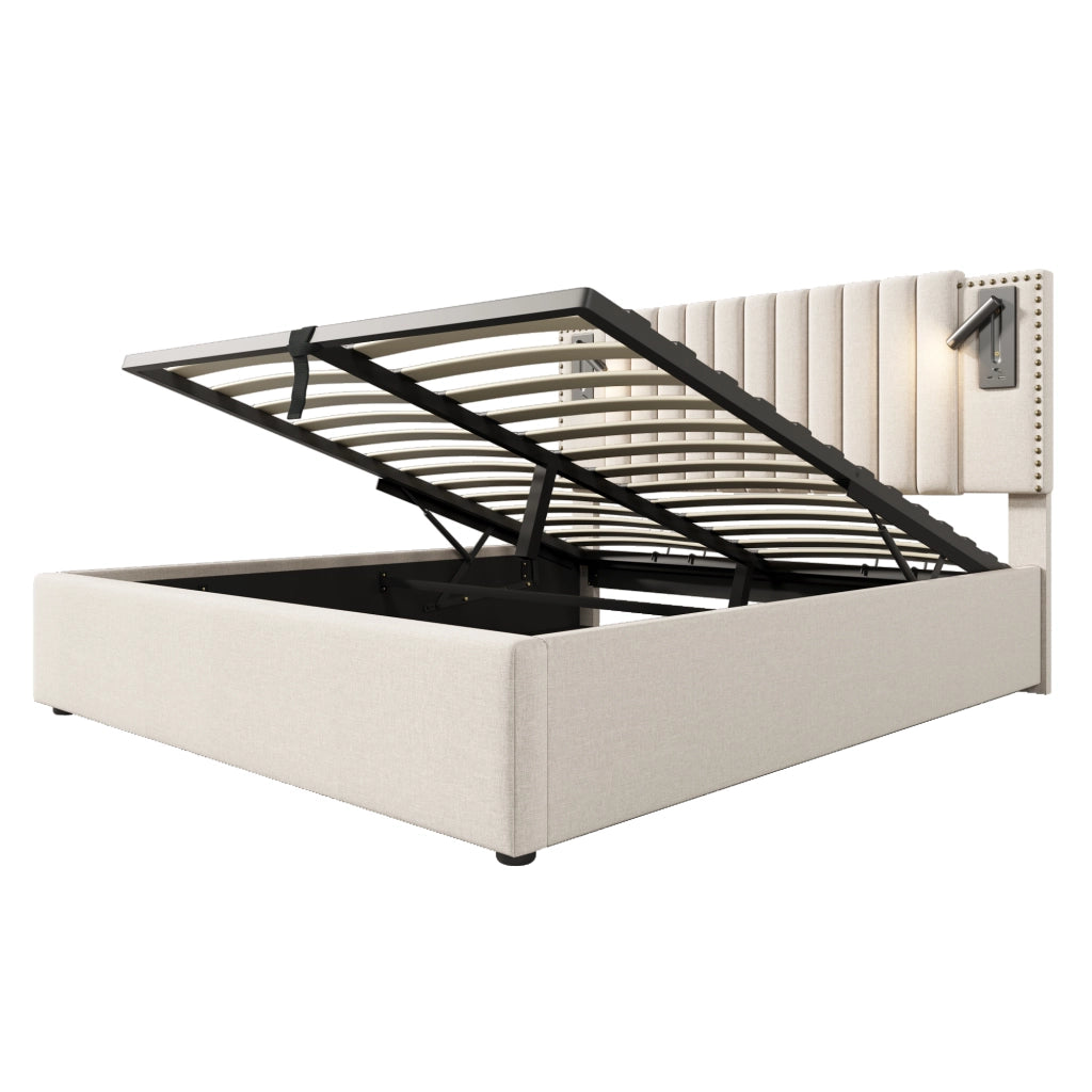 Letti contenitori 140x200 cm; testiera regolabile con luce e USB; cotone beige (Senza materasso)
