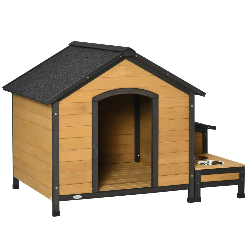 Easycomfort Cuccia per Cani Taglia Media con 2 Porta Ciotole, Box Esterno e Tetto in Bitume, 130x93x92cm