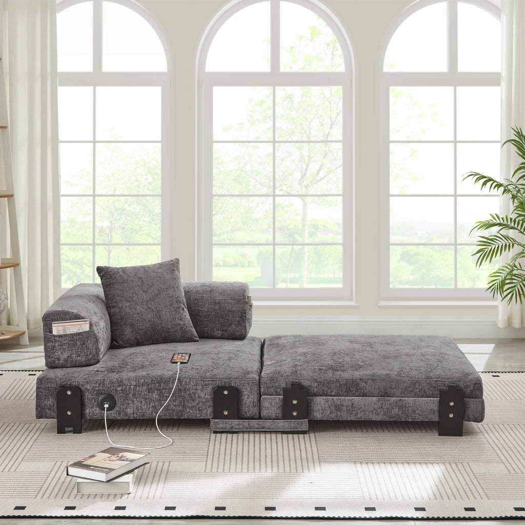 Divano letto pieghevole 2 in 1 con funzione letto porte USB e Type-C tasche laterali e box contenitore in tessuto dark grey