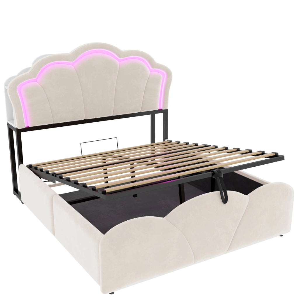 Letto imbottito 140x200 cm con contenitore idraulico; LED e vani nella testiera in velluto beige