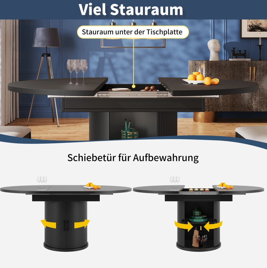 Tavolo da pranzo allungabile nero con contenitore, 118-158 cm