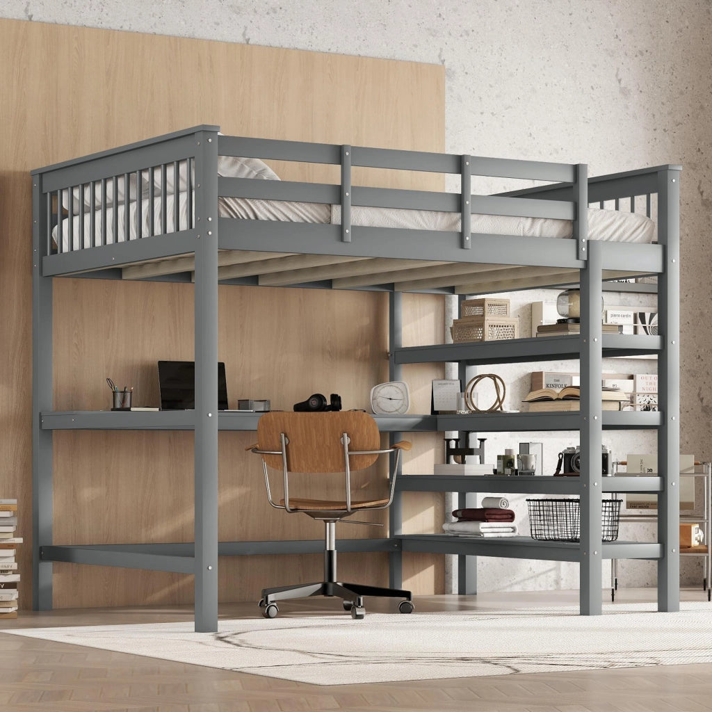 OKWISH Letto a Soppalco 140×200 cm, Letto Matrimoniale con Scrivania, Scaffali e Vani Contenitore, senza Materasso, Grigio