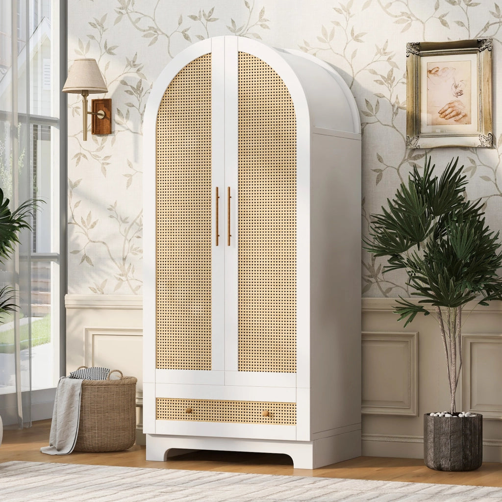 Armadio a 2 ante con 2 cassetti e 1 ampio vano; frontale effetto rattan; per camera da letto; bianco; 70 × 55 × 170 cm
