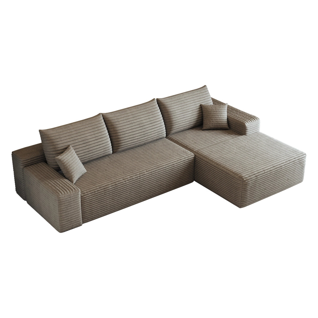 Divano angolare modulare con chaise longue e seduta profonda in tessuto camel