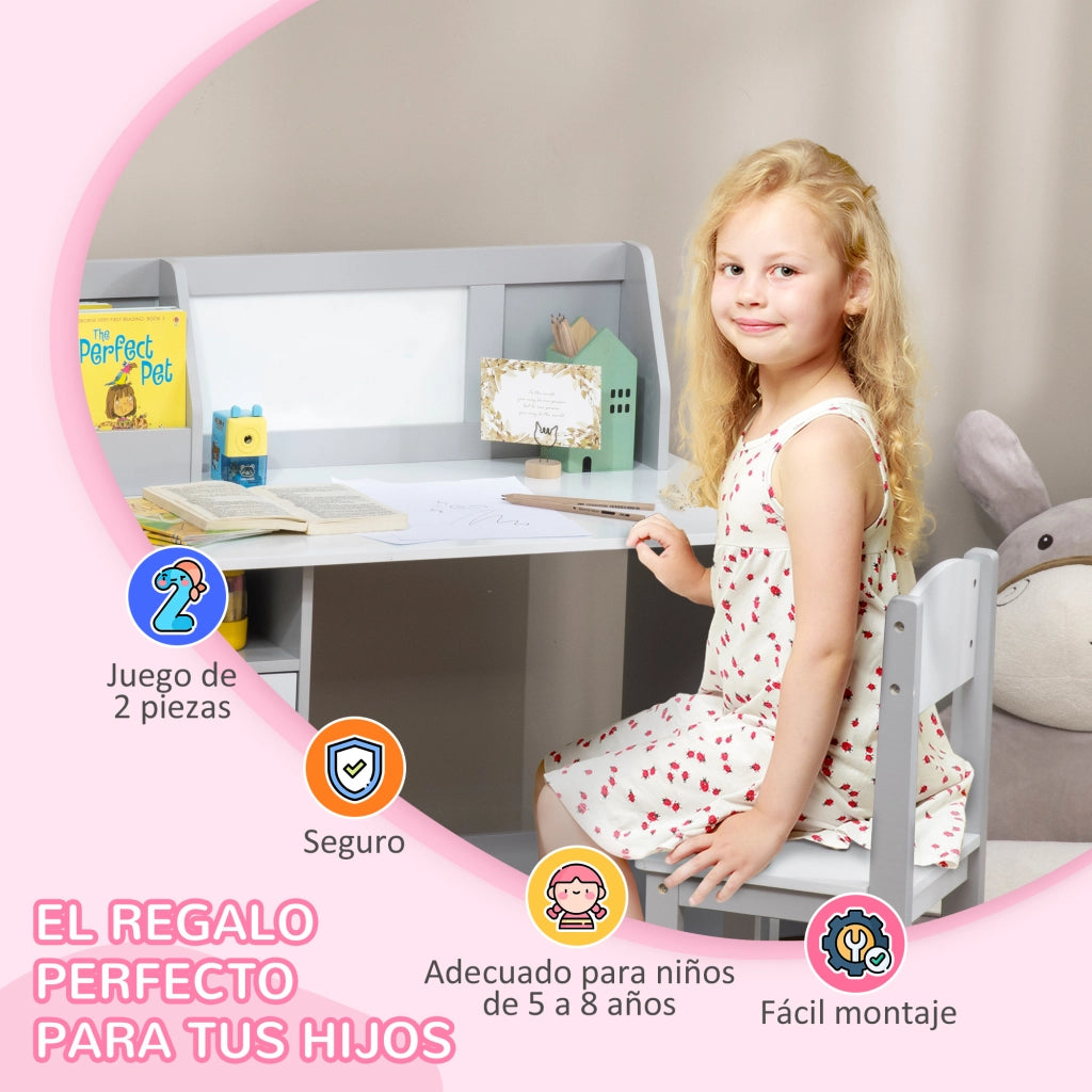 Scrivania per Bambini con Sedia, Organizzatore e Lavagna ¨C Zephmum ¨C Grigio, Legno, 90x45x85 cm