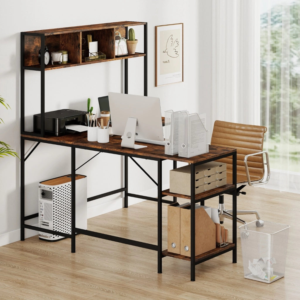 Scrivania per computer a forma di l con pensile ripiani e gancio libreria, Scrivania per computer ufficio domestico Marrone