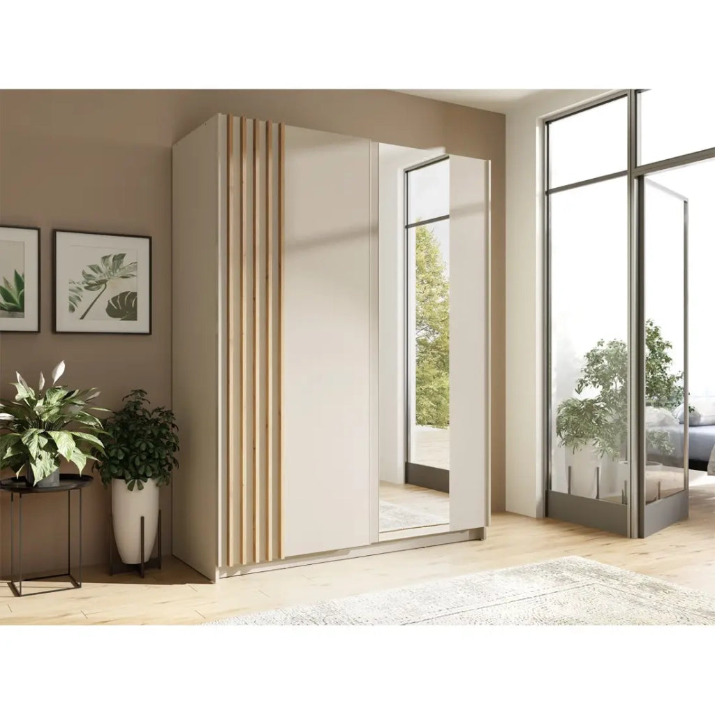 Armadio VARIA 150 cm cachemire e quercia con specchio e porte scorrevoli