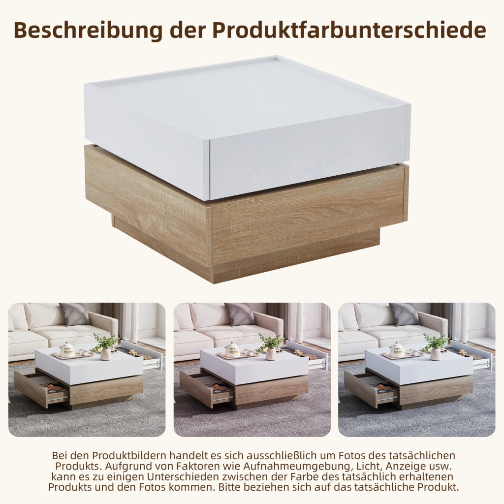 Tavolino basso girevole a 360° con 2 cassetti e piano a due livelli in truciolare bianco noce 60 × 60 × 38 cm