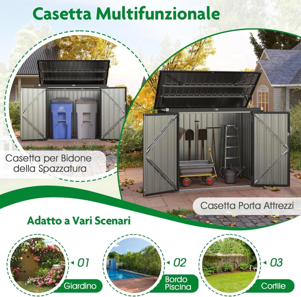 Casetta per Spazzatura Esterna 1,51㎡, Capanno da Giardino Bloccabile in Metallo Zincato Resistente alle Intemperie con Doppie Aperture e 2 Porte, Ripostiglio per Patio (Grigio)