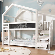Letto a castello per bambini 90x200 cm stile casa sull’albero con scala contenitore e lavagna, bianco