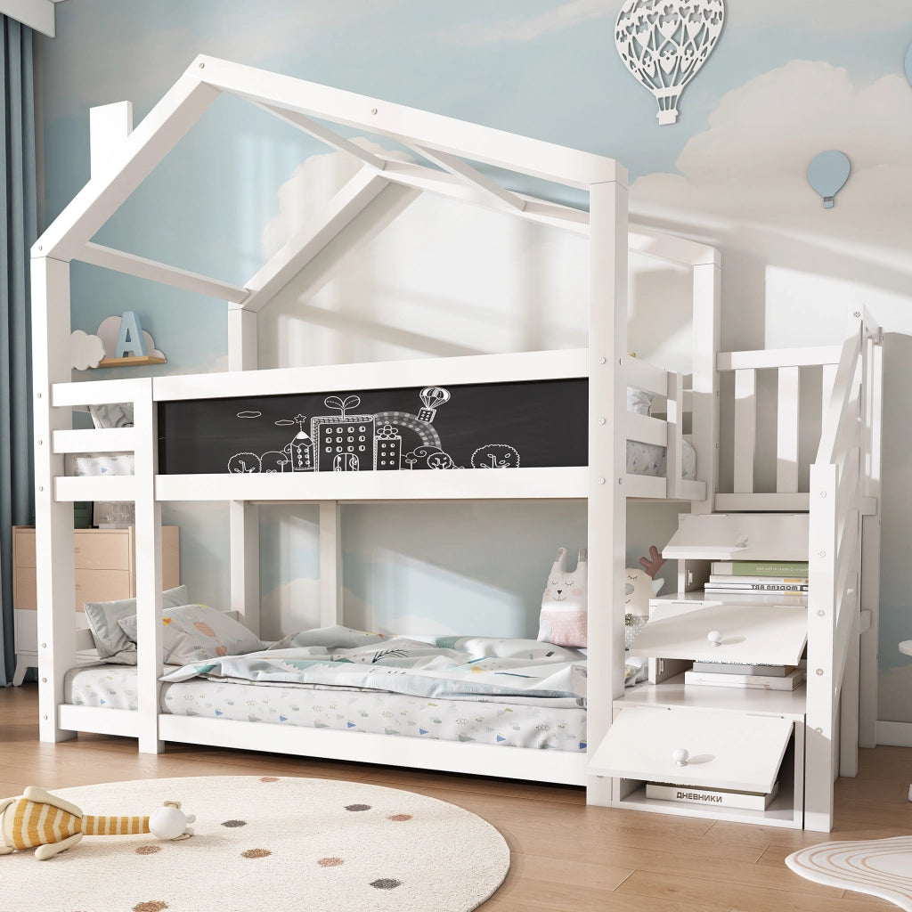 Letto a castello per bambini 90x200 cm stile casa sull’albero con scala contenitore e lavagna, bianco