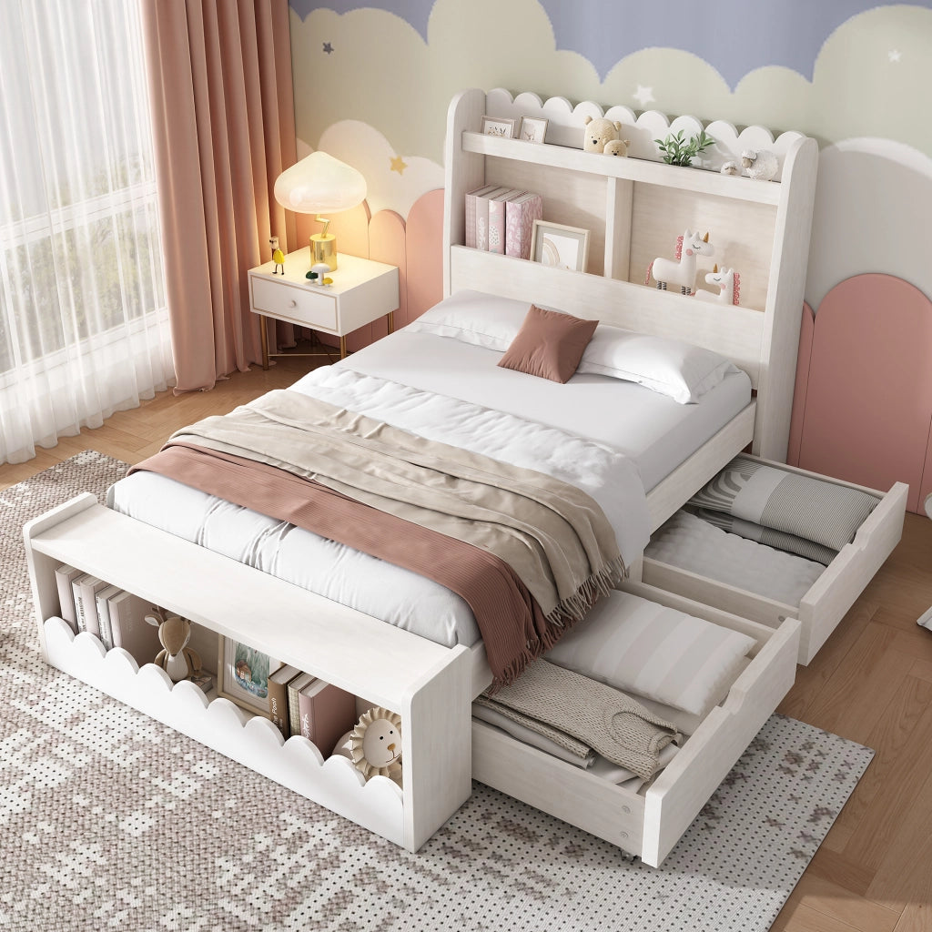 OKWISH Letto Bambino 90×190 cm, Letto Singolo con 2 Cassetti, Mensole e Panca con Contenitore, senza Materasso, in Legno, Bianco e Rovere Chiaro