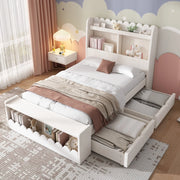 OKWISH Letto Bambino 90×190 cm, Letto Singolo con 2 Cassetti, Mensole e Panca con Contenitore, senza Materasso, in Legno, Bianco e Rovere Chiaro