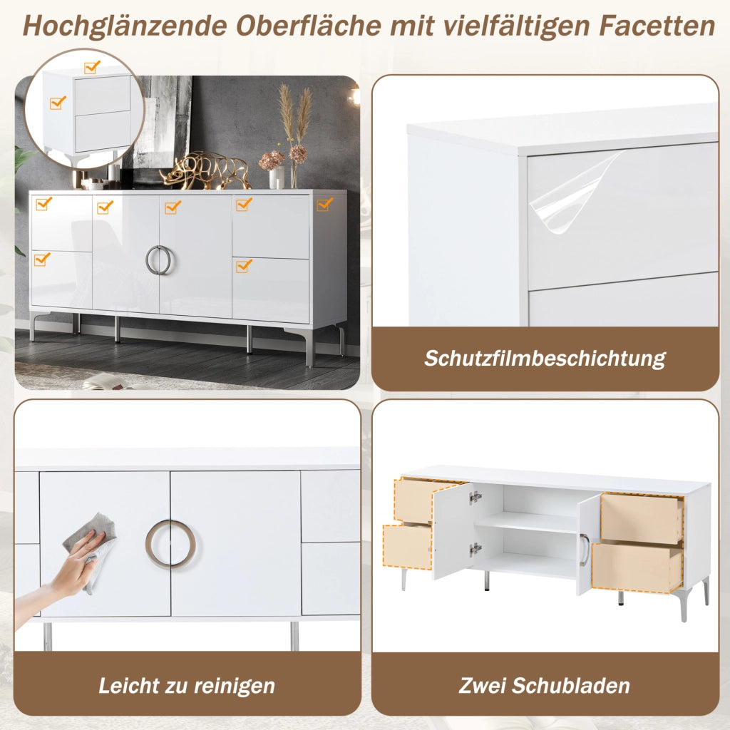 Credenza bianca lucida 150 cm con 4 cassetti e 2 ante