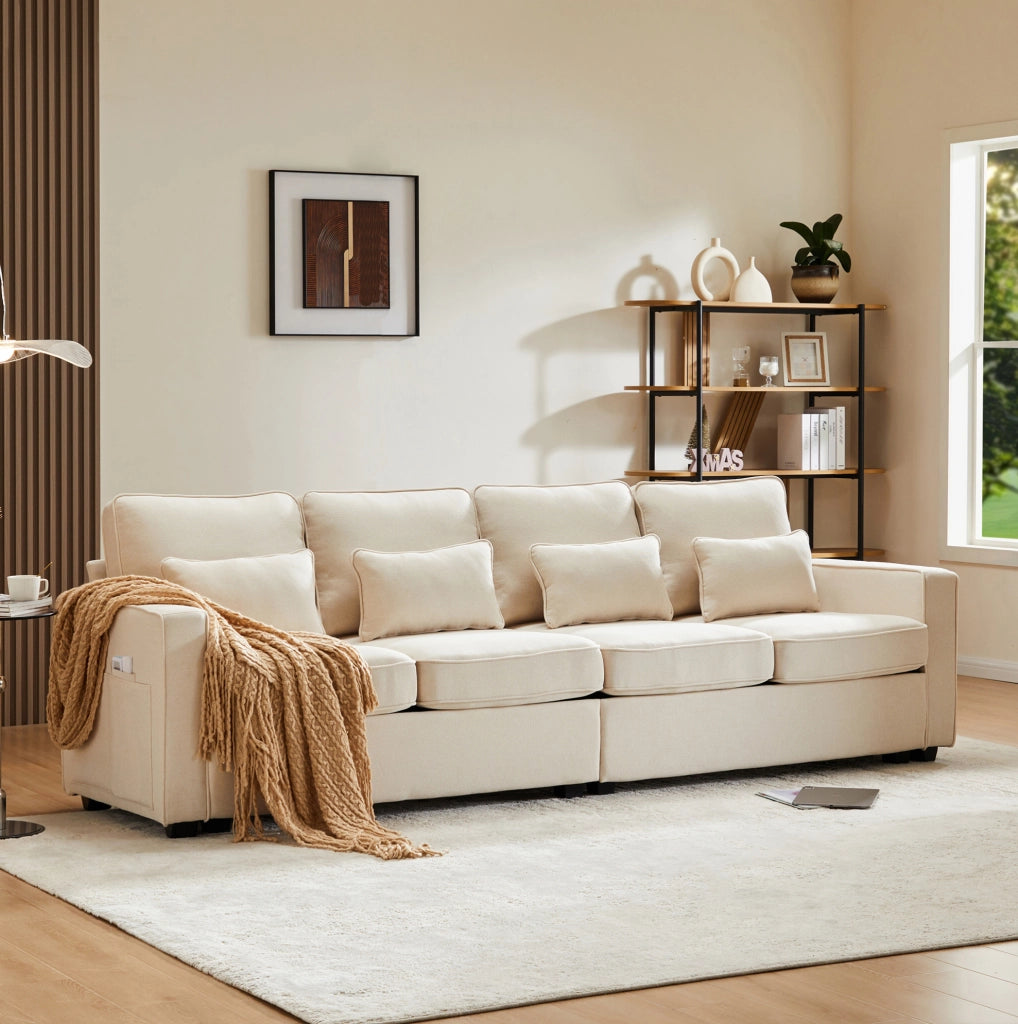 Sofa 264x83x87 cm con 4 cuscini lombari e tasche laterali in lino beige