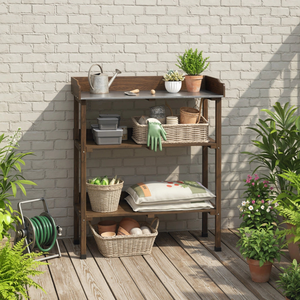 Tavolo da Giardino con Ripiani e Ganchi ¨C Zephmum ¨C Legno e Metallo Carbonizzato 76x37x89 cm