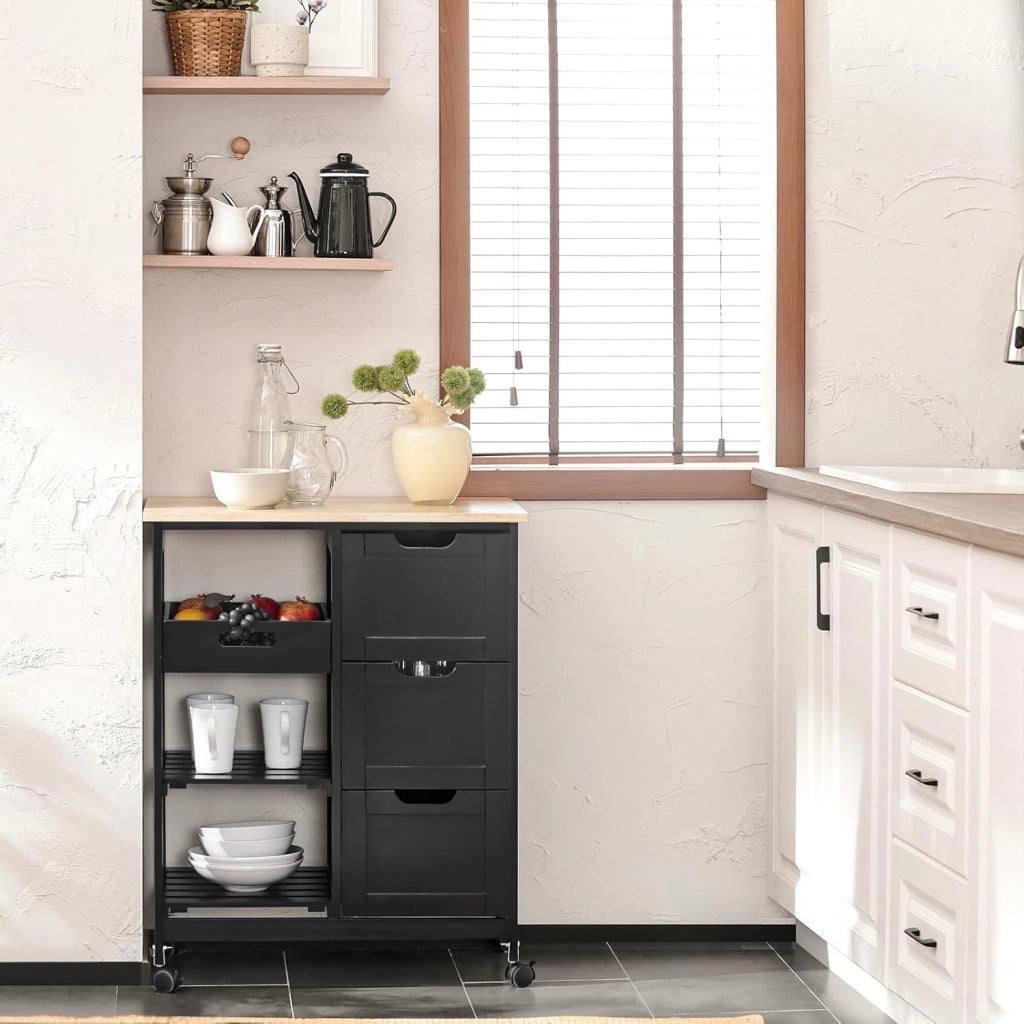 Carrello Cucina con 3 Cassetti e 1 Cestino, Mobiletto Cucina Salvaspazio con 4 Ruote Girevoli, Credenza Cucina o Bagno, Mobiletto Cucina Dispensa, L68 x P38 x A85 cm, nero,FKW79-SCH