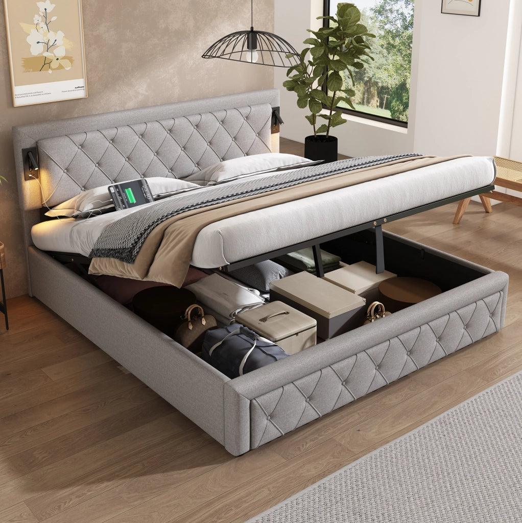 Letto matrimoniale imbottito 180x200 cm con luci da lettura e porte USB; contenitore; grigio in lino
