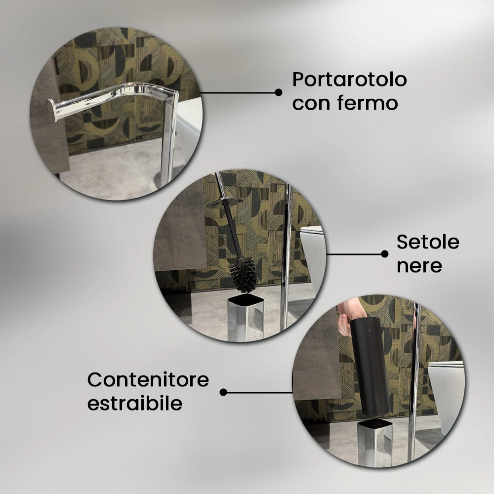 Piantana porta rotolo e porta scopino da appoggio in acciaio cromo Fusion