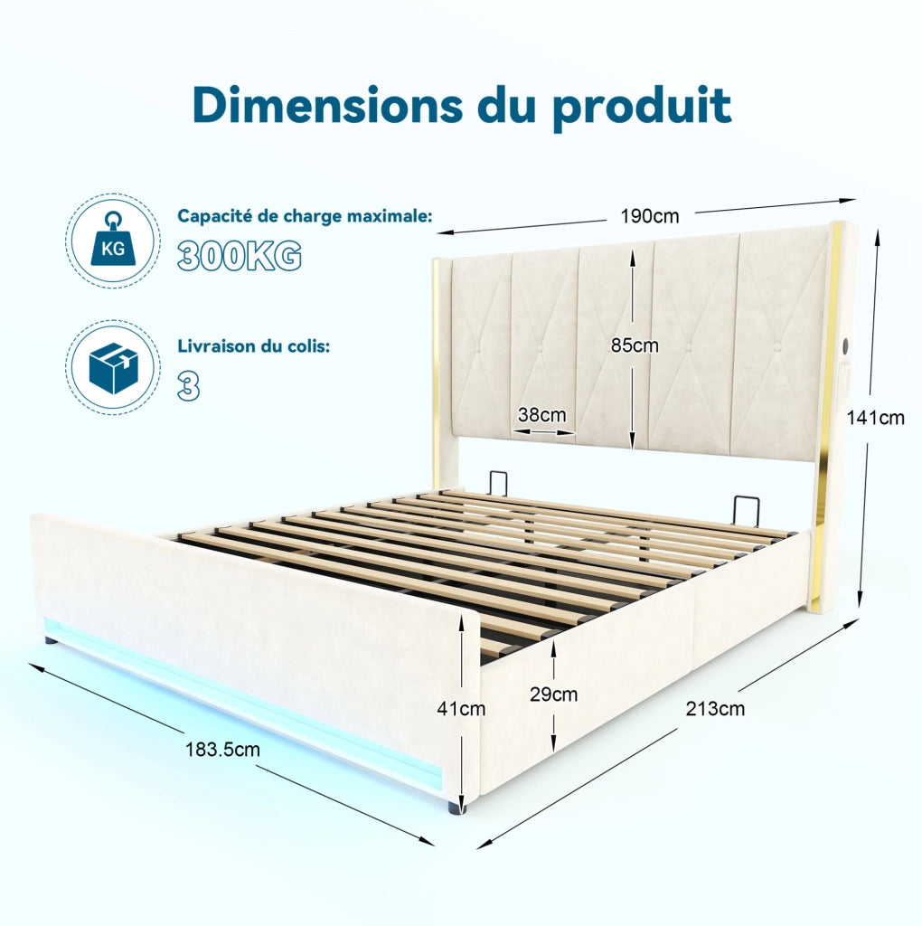 Letto matrimoniale 180x200 cm in velluto beige con testiera alta; LED; USB e contenitore