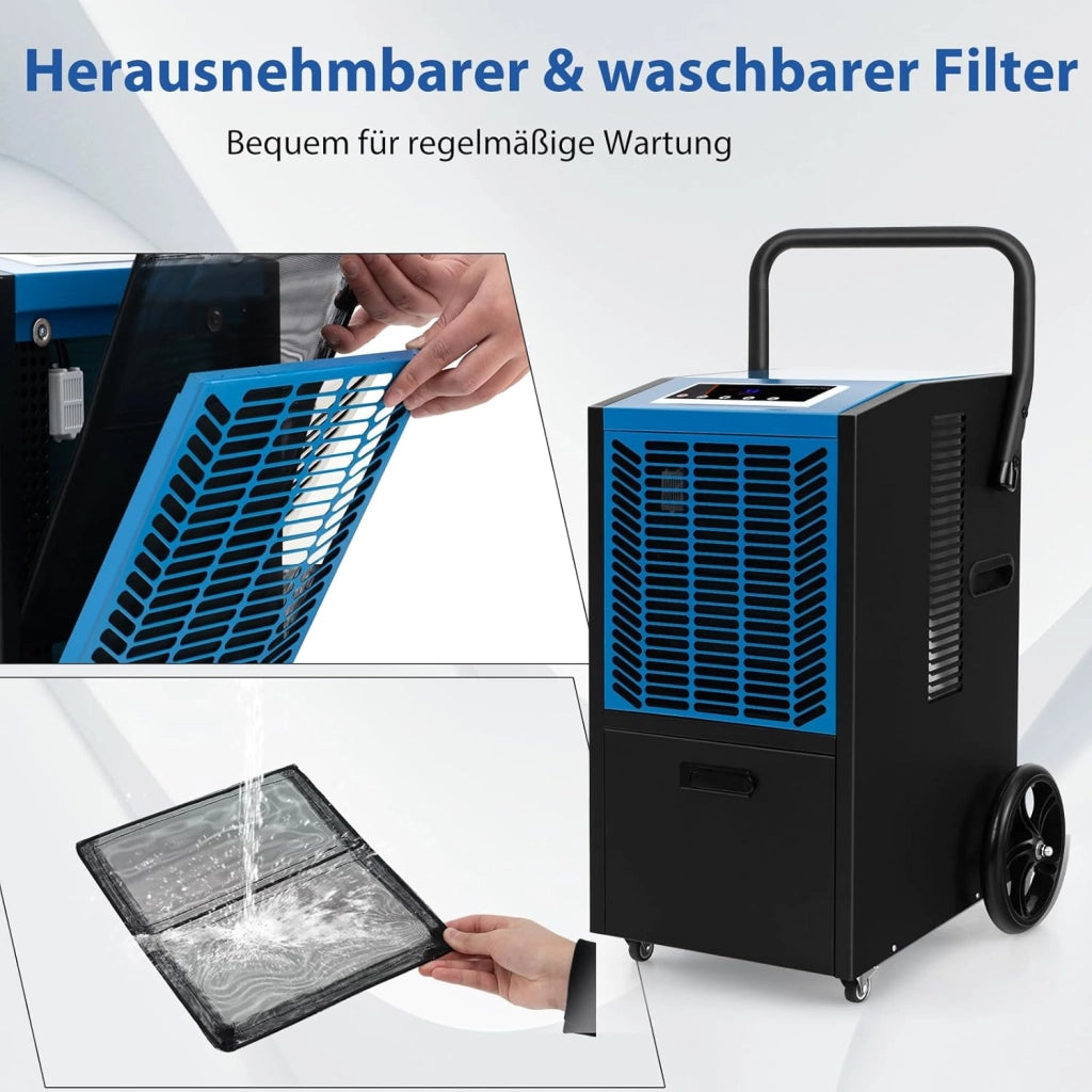Deumidificatore Elettrico 66L/Giorno, Deumidificatore Professionale con Pompa di Scarico Automatica, Tubo di Scarico, Filtro Rimovibile, per Cantine, Magazzini, Scantinati (Nero+Blu)