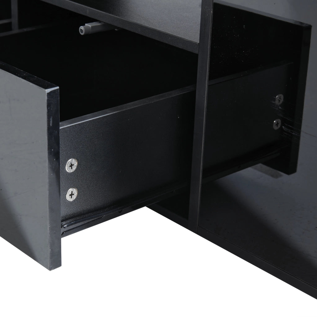 Tavolino da caffè 100x50x35 cm con LED; 2 cassetti; ripiano semiaperto; nero lucido