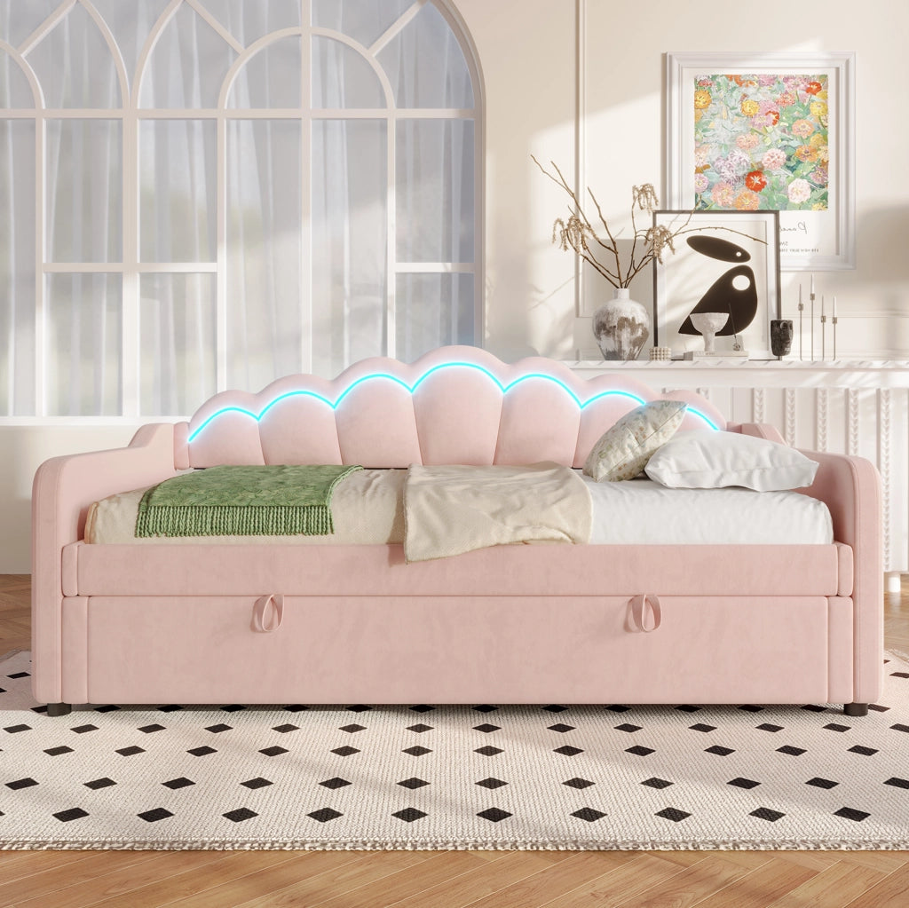 Divano letto singolo 90x200 cm in velluto rosa con contenitore; LED e testiera ondulata