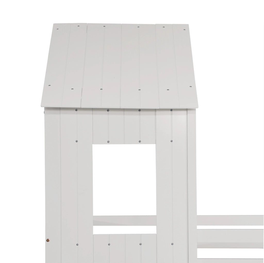 Letto a castello con scivolo 210x227x216 cm con tetto; finestra e scala a 3 gradini in legno e MDF bianco