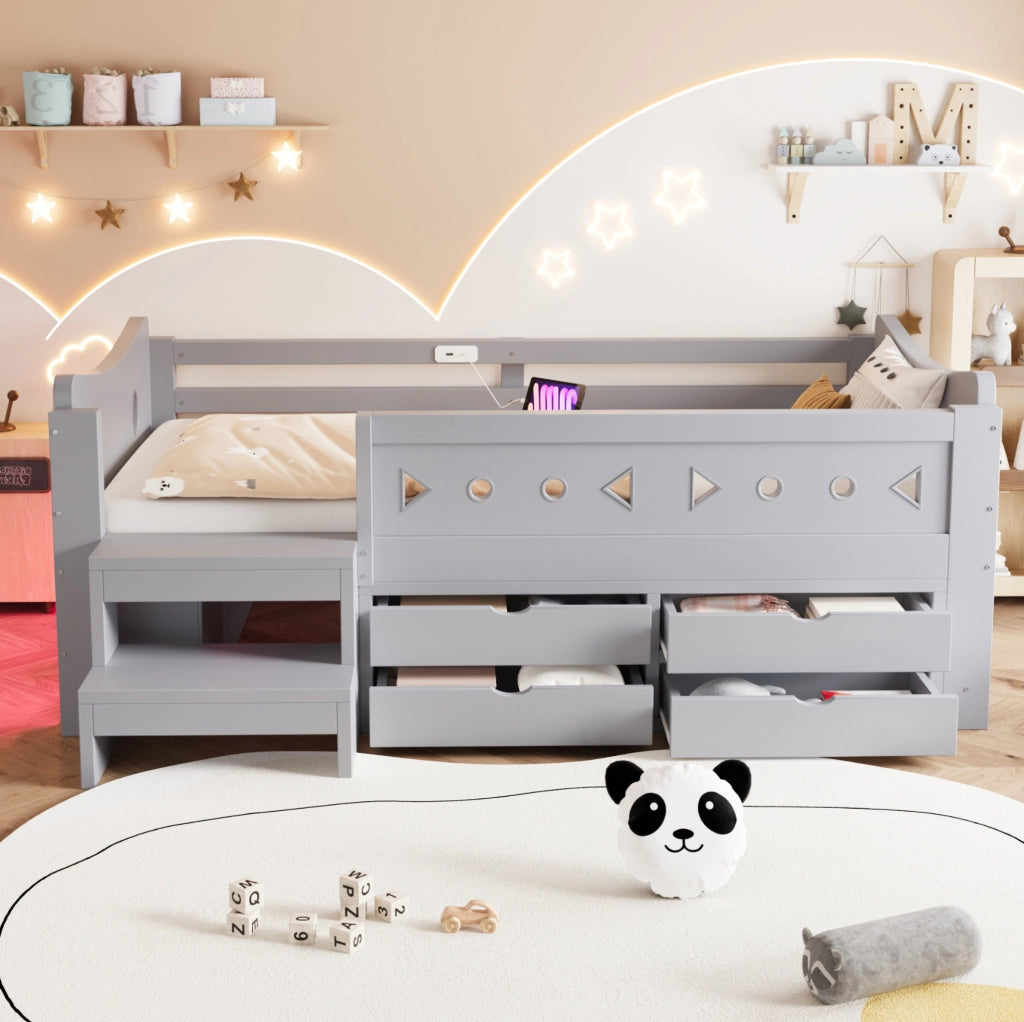 Letto bambini 90x200 cm con LED, USB-C e cassetti