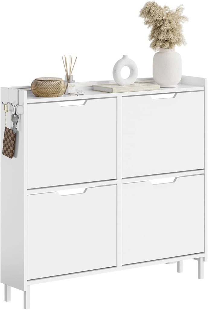 Scarpiera Salvaspazio Slim da Ingresso – Mobile Portascarpe con 4 Ante a Ribalta Regolabili in Legno – Armadio Scarpiera Alta e Stretta per Bagno o Corridoio, 100x19x91 cm，Naturale, FSR100-N