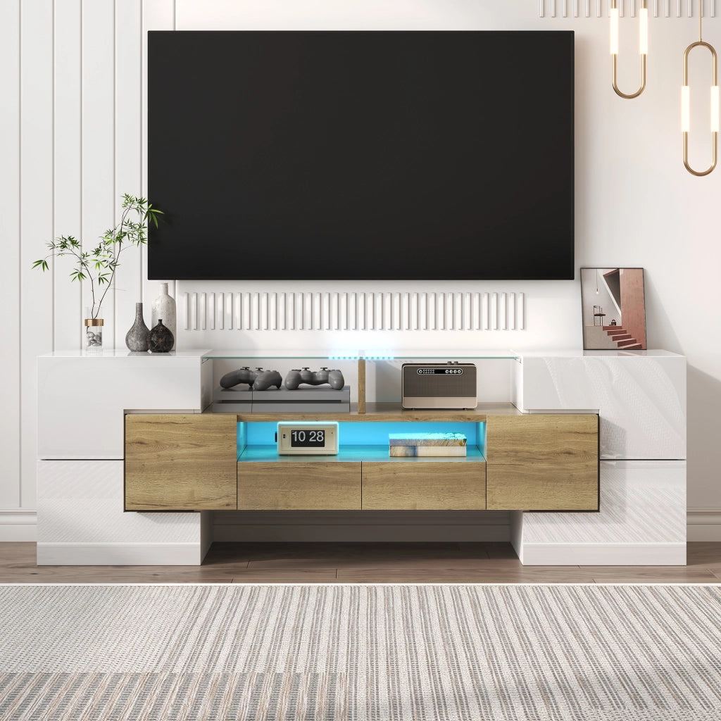 Mobile TV con 6 Ante; 2 Cassetti e LED Multicolore; Bianco Lucido e Oro; 145??30??51 cm; in Pannello Truciolare
