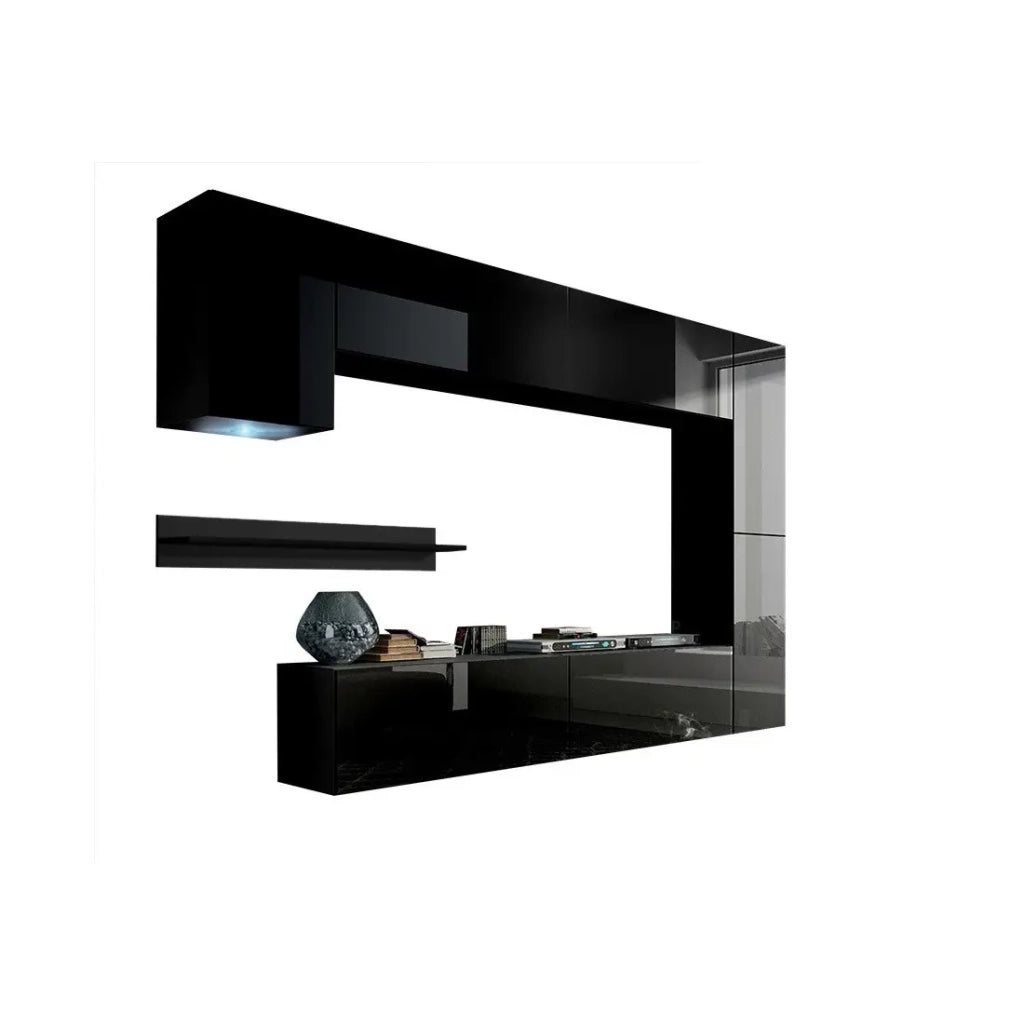 Set di mobili da soggiorno neri sospesi collezione CEPTO VI 256 cm, 7 porte, 6 ripiani, LED, modulari