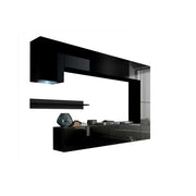 Set di mobili da soggiorno neri sospesi collezione CEPTO VI 256 cm, 7 porte, 6 ripiani, LED, modulari