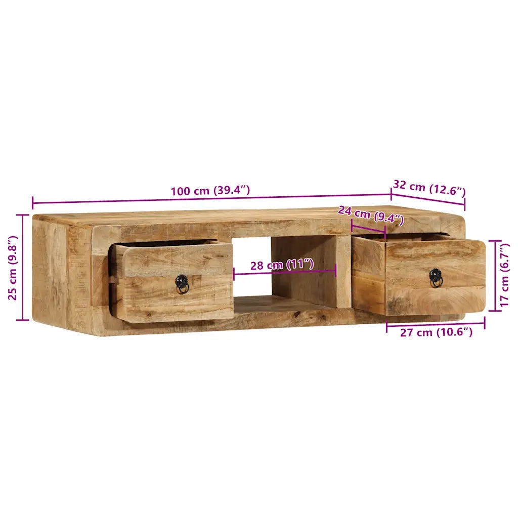 Mobile TV a Parete 100x32x25 cm Legno Grezzo Massello di Mango 4104525